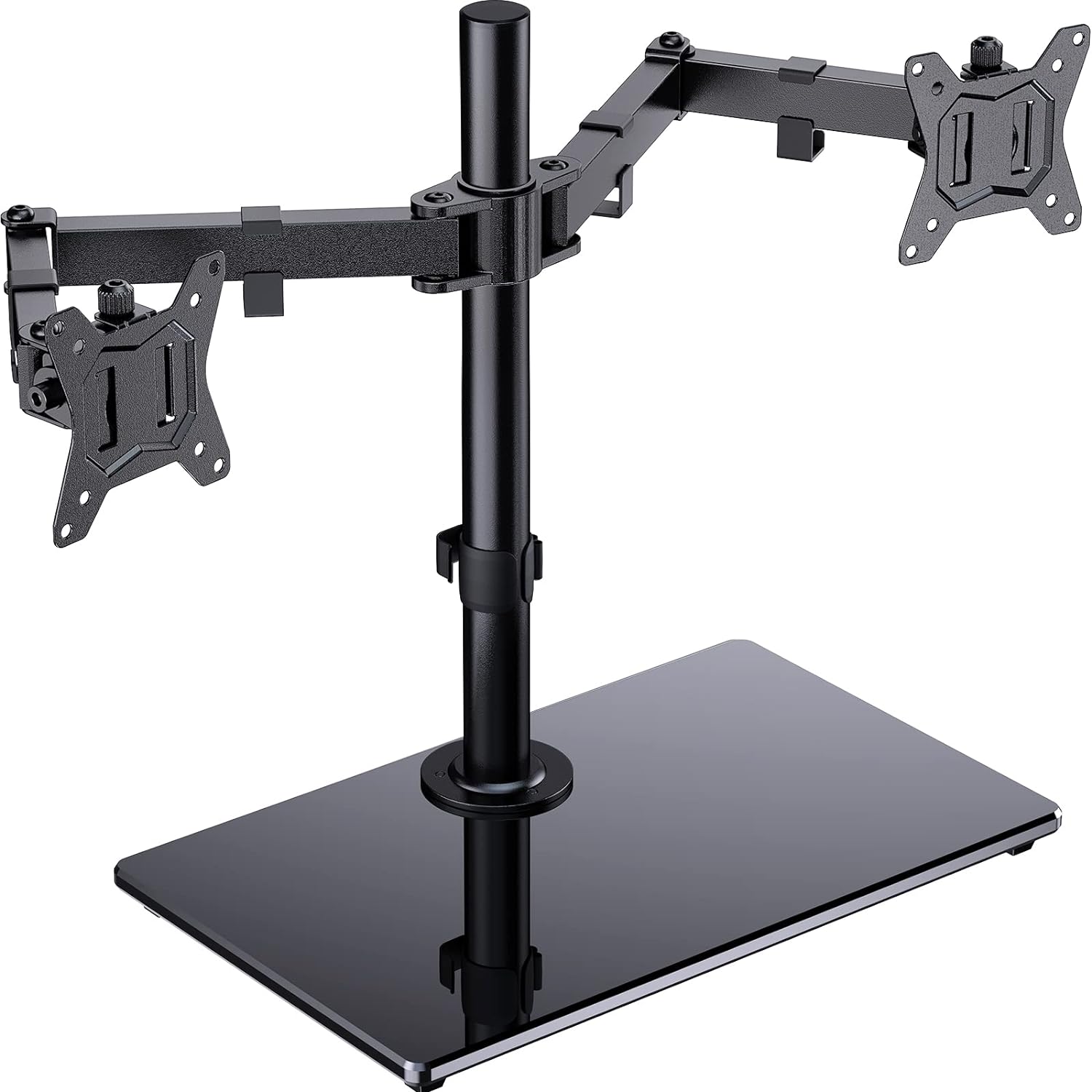 Black dual-monitor stand on a white background