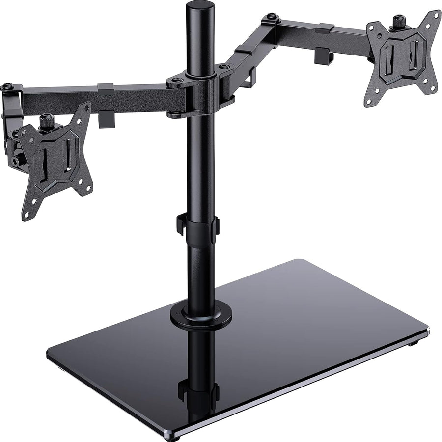 Black dual-monitor stand on a white background