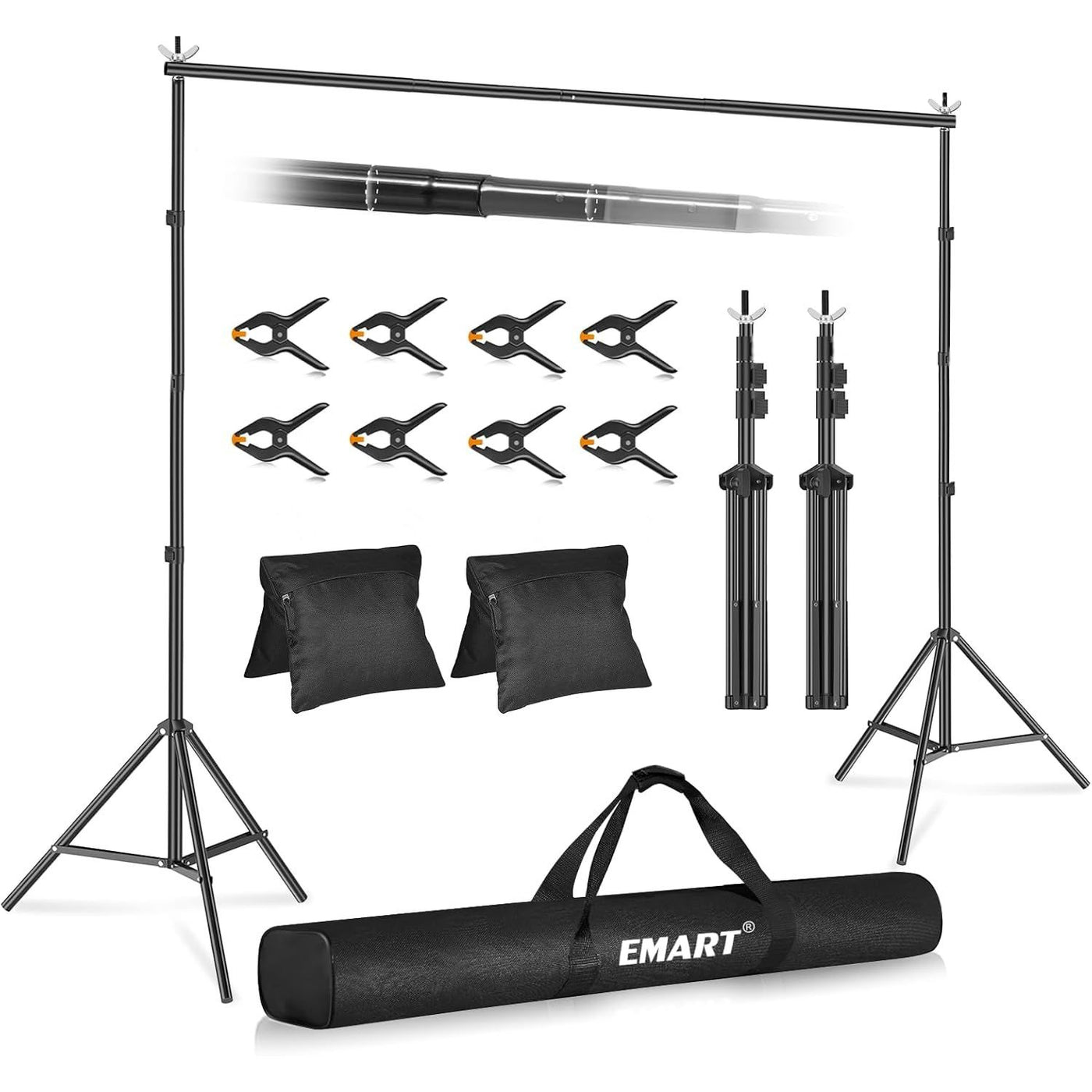 EMART 3x2.4m Backdrop Stand Kit, Adjustable with 2 Crossbars, Clamps, Sandbags - Massive Discounts