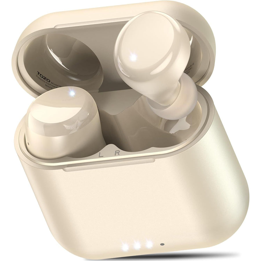Beige wireless earbuds with charging case on a white background