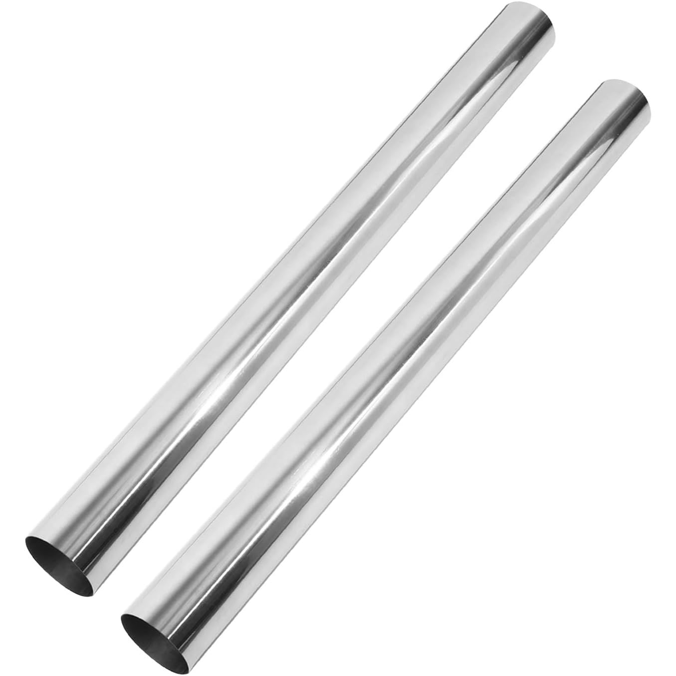 Two silver metal tubes on a white background