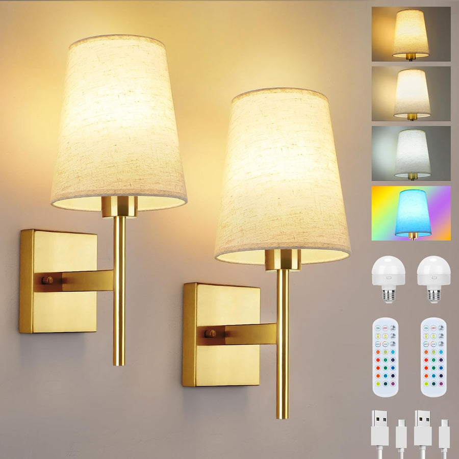 Lightsjoy 2x Rechargeable RGB Wall Lights – Gold Cordless Sconces with Remote