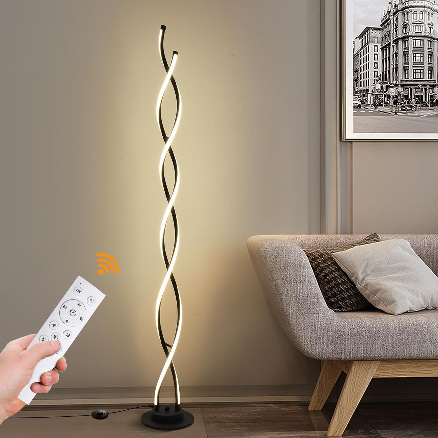 Modern floor lamp with remote control in a living room setting