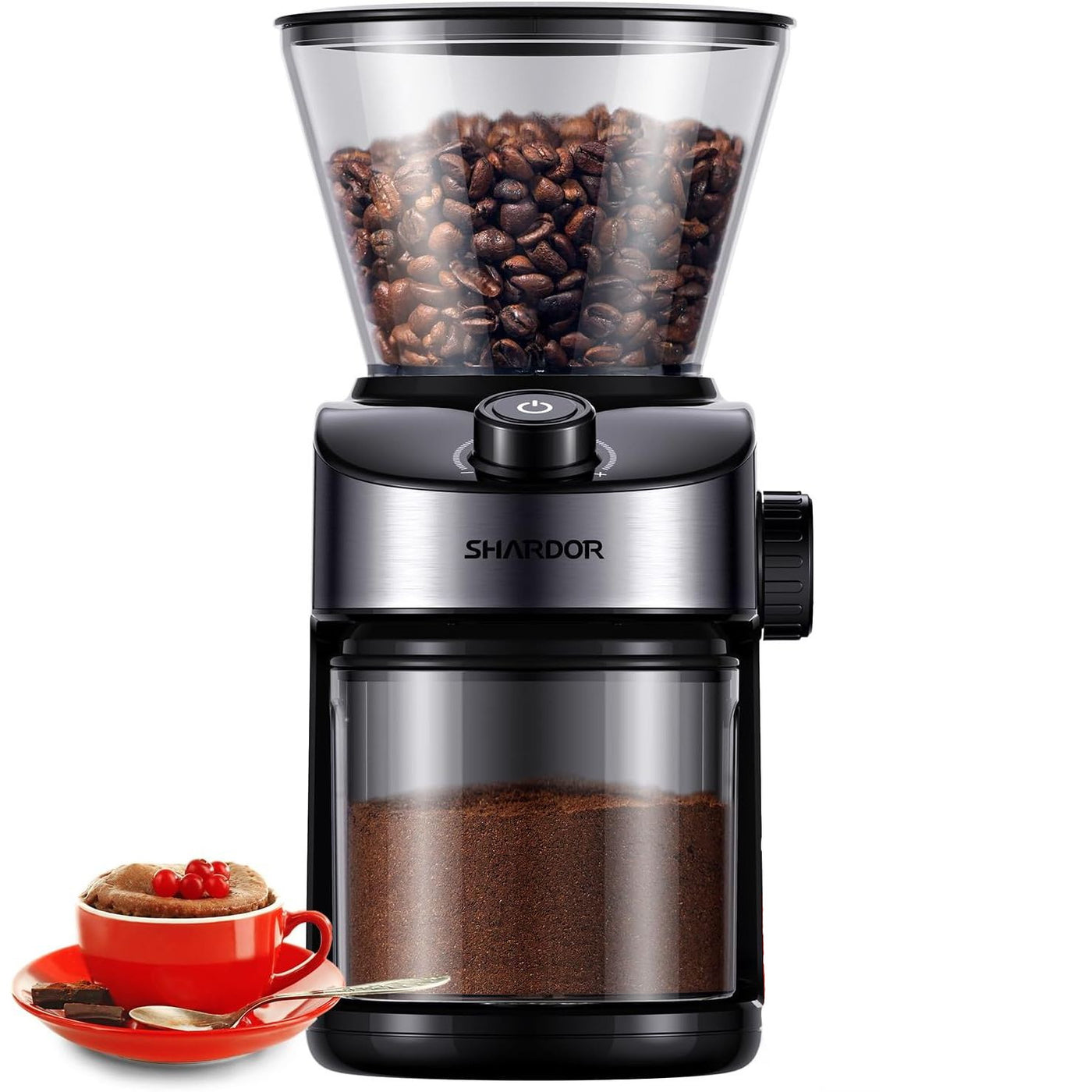 Coffee grinder with coffee beans and ground coffee, featuring the Shardor brand.