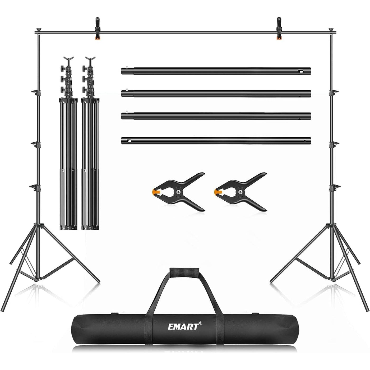 Photography studio light stand set with clamps and carrying bag on a white background