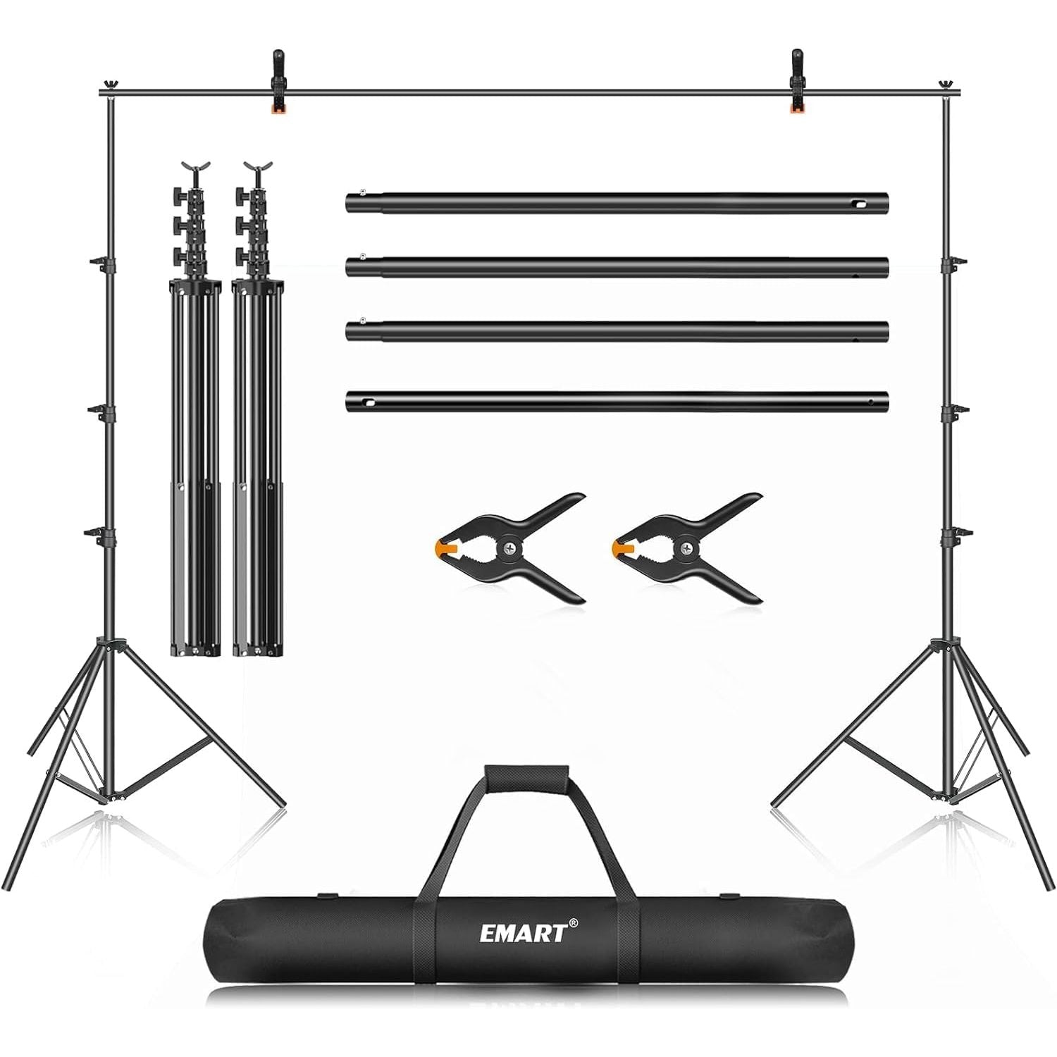 Photography studio light stand set with clamps and carrying bag on a white background