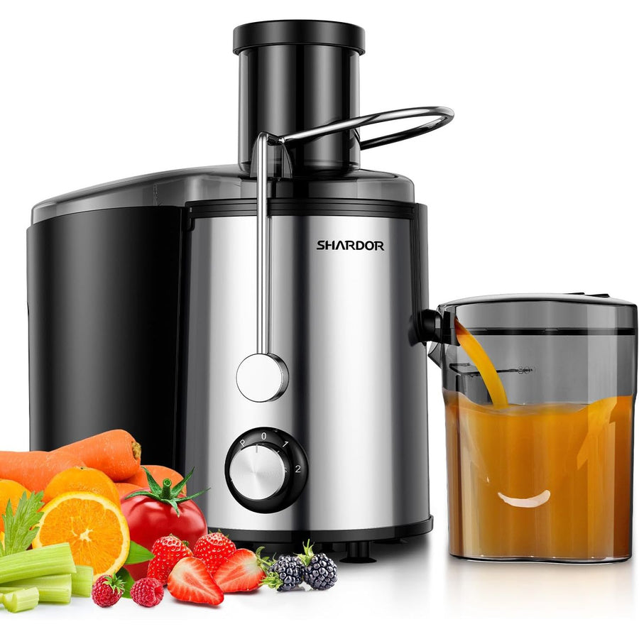 Shardor juicer with a container of orange juice and fresh fruits and vegetables on a white background