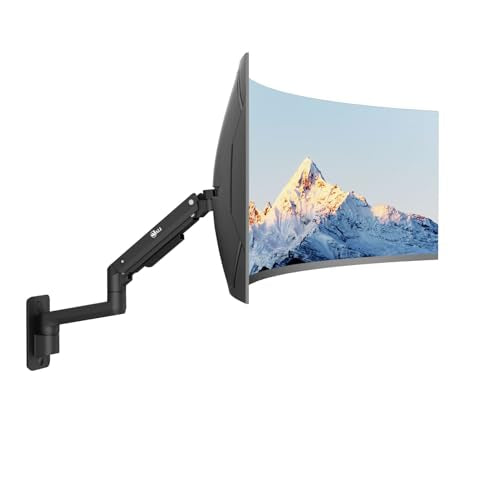 A curved monitor mounted on a black articulated wall arm, shown against a light gray background with four mounting brackets and four cable ties below. The screen displays a snowy mountain landscape.