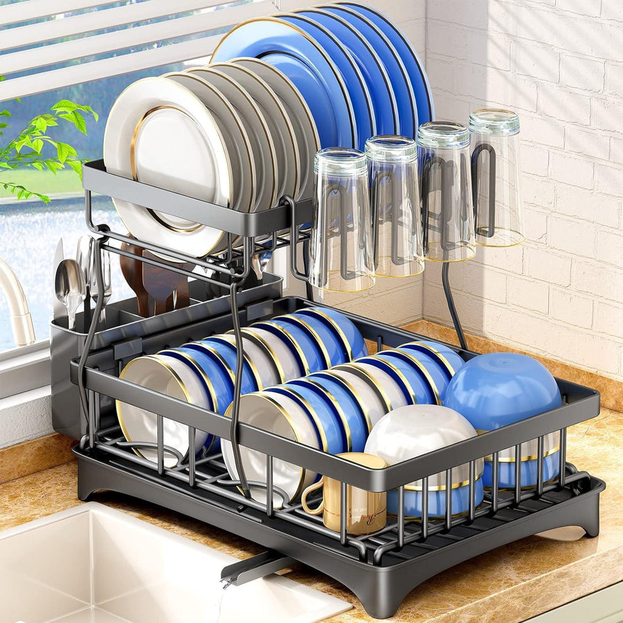 2-Tier Dish Rack with Drainboard, Utensil Holder, and Cup Rack - Massive Discounts
