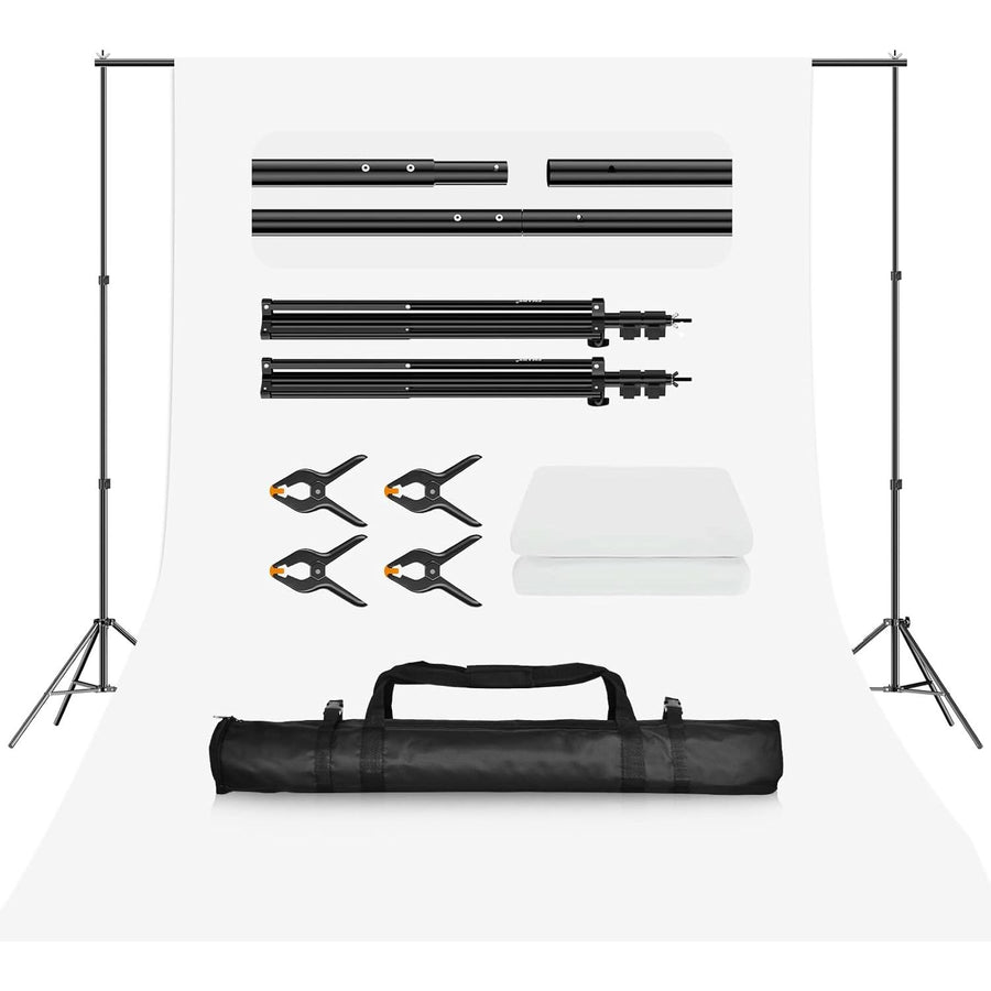 Photography studio equipment set with background stand, light stands, clamps, and carrying bag on a white background.
