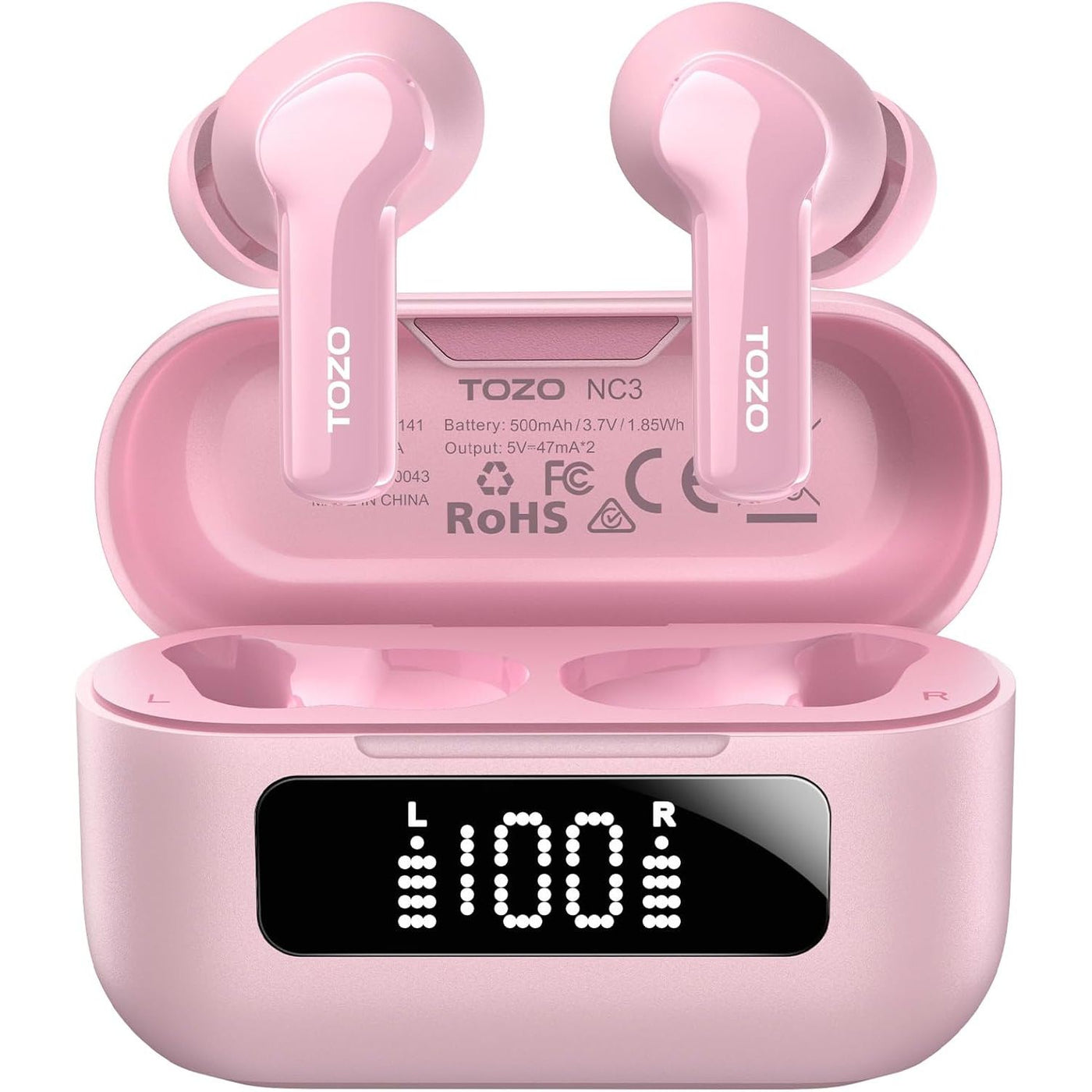 Pink wireless earbuds with charging case on a white background