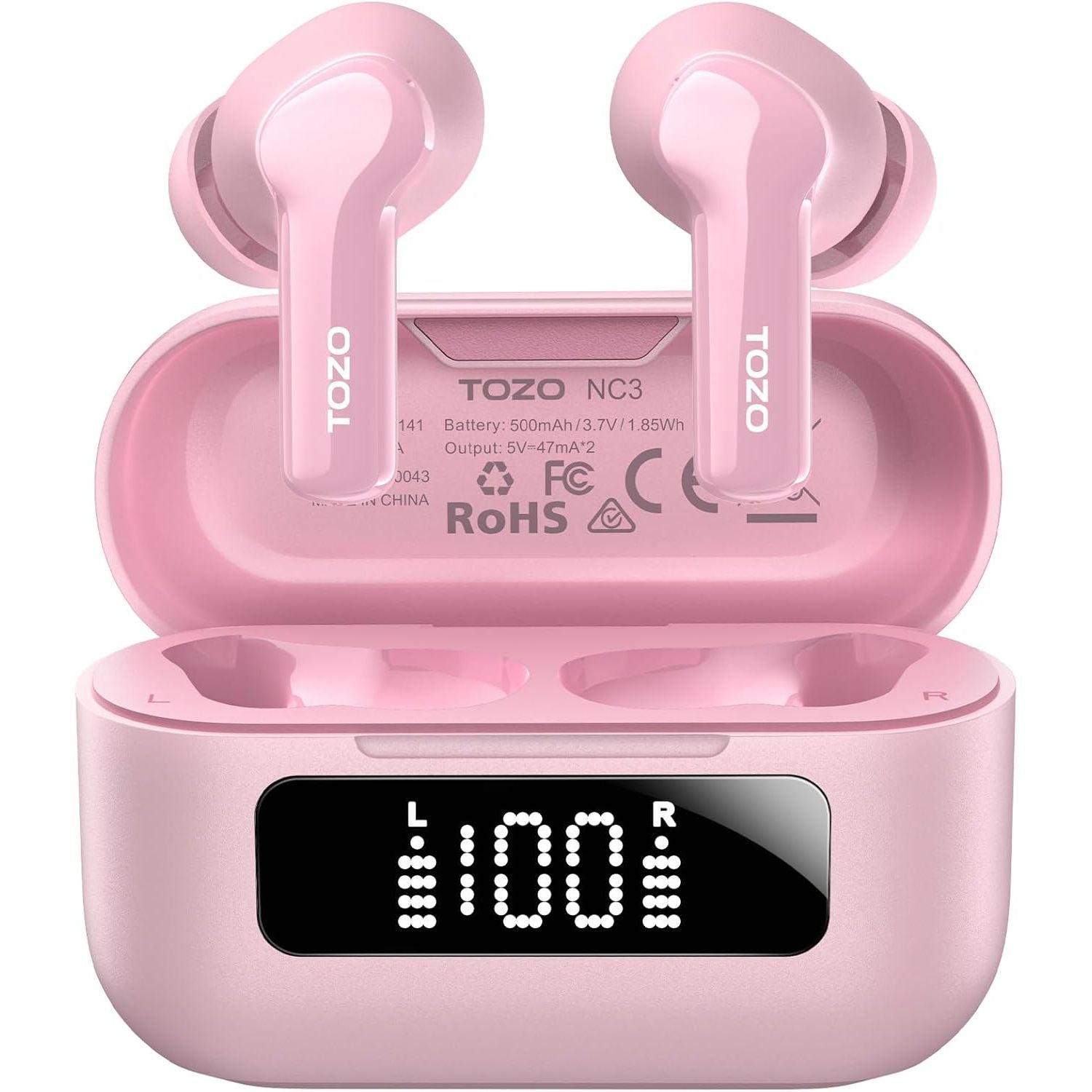 Pink wireless earbuds with charging case on a white background