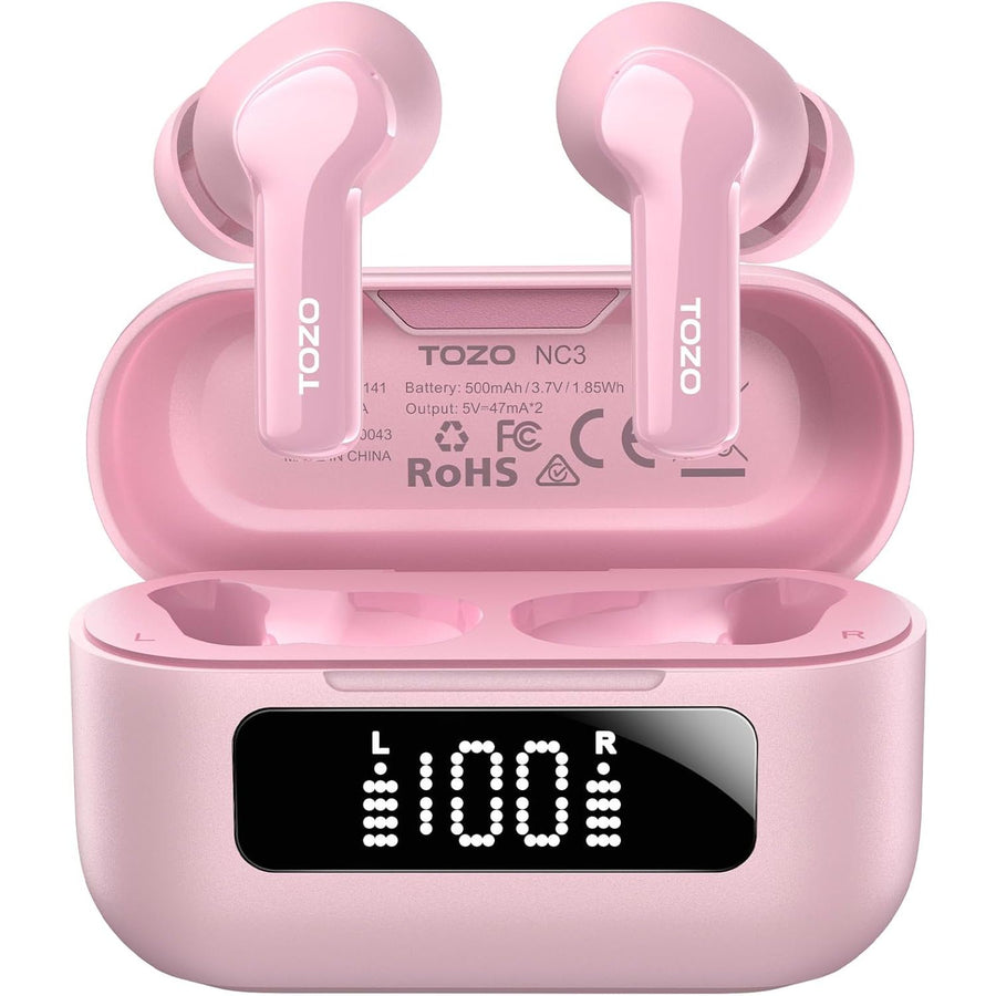 Pink wireless earbuds with charging case on a white background