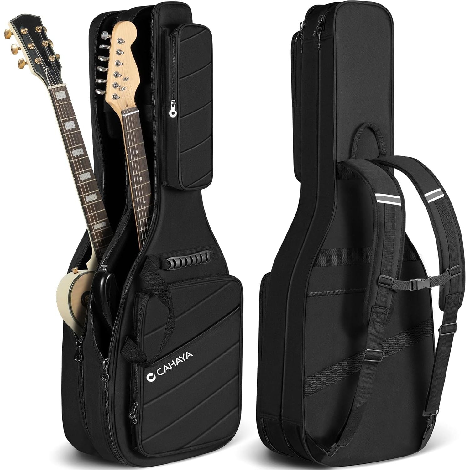 Black guitar case with a guitar inside, featuring the brand 'CAHAYA'.
