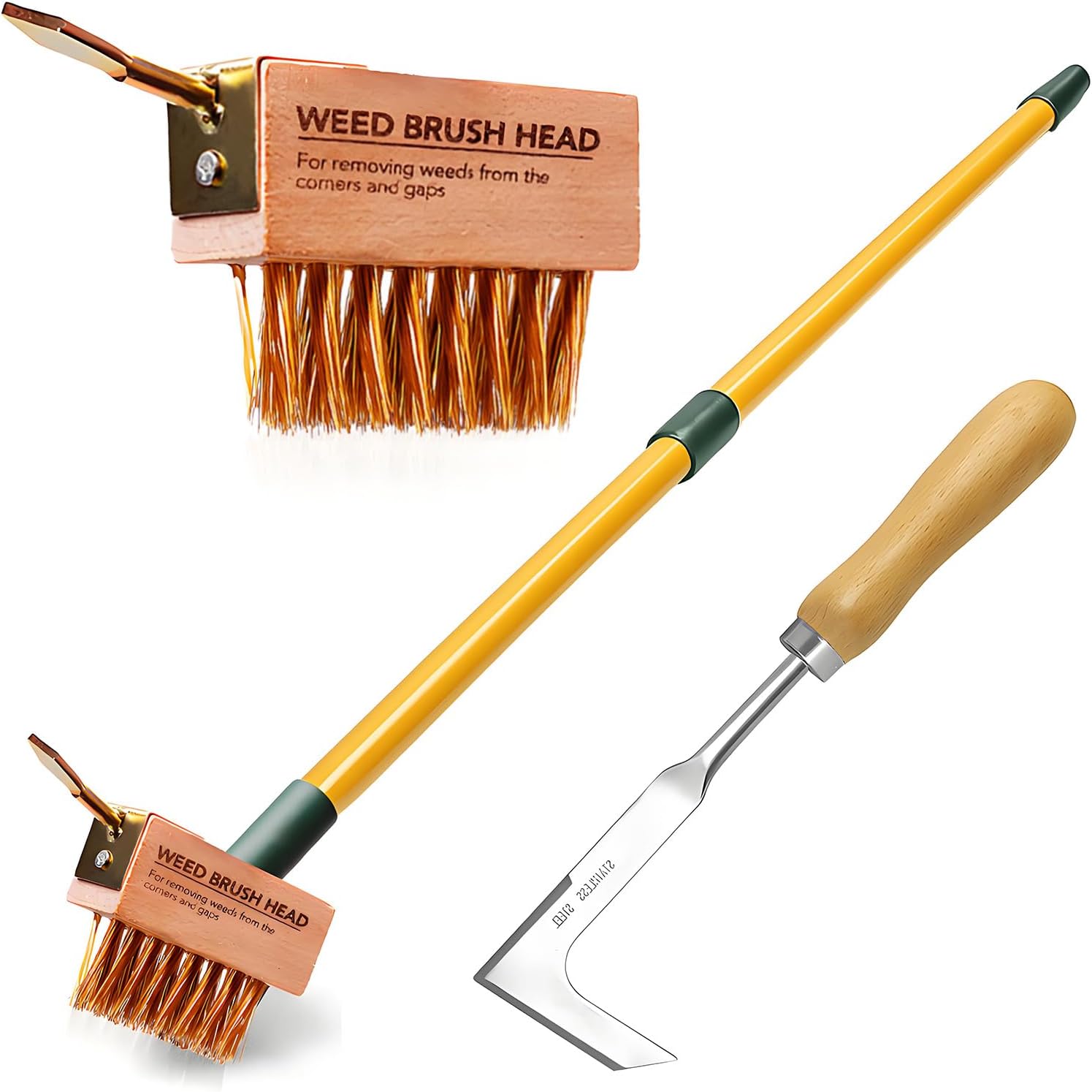 Garden tool set with two weed brush heads and a metal tool on a white background