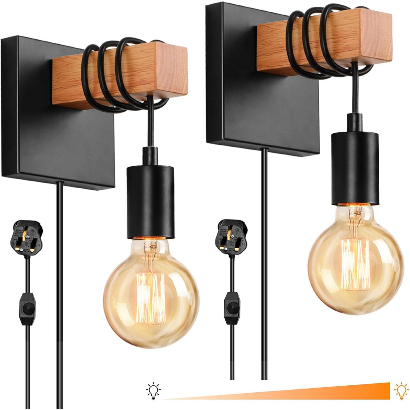 Two wall-mounted light fixtures with wooden accents and exposed bulbs on a white background.