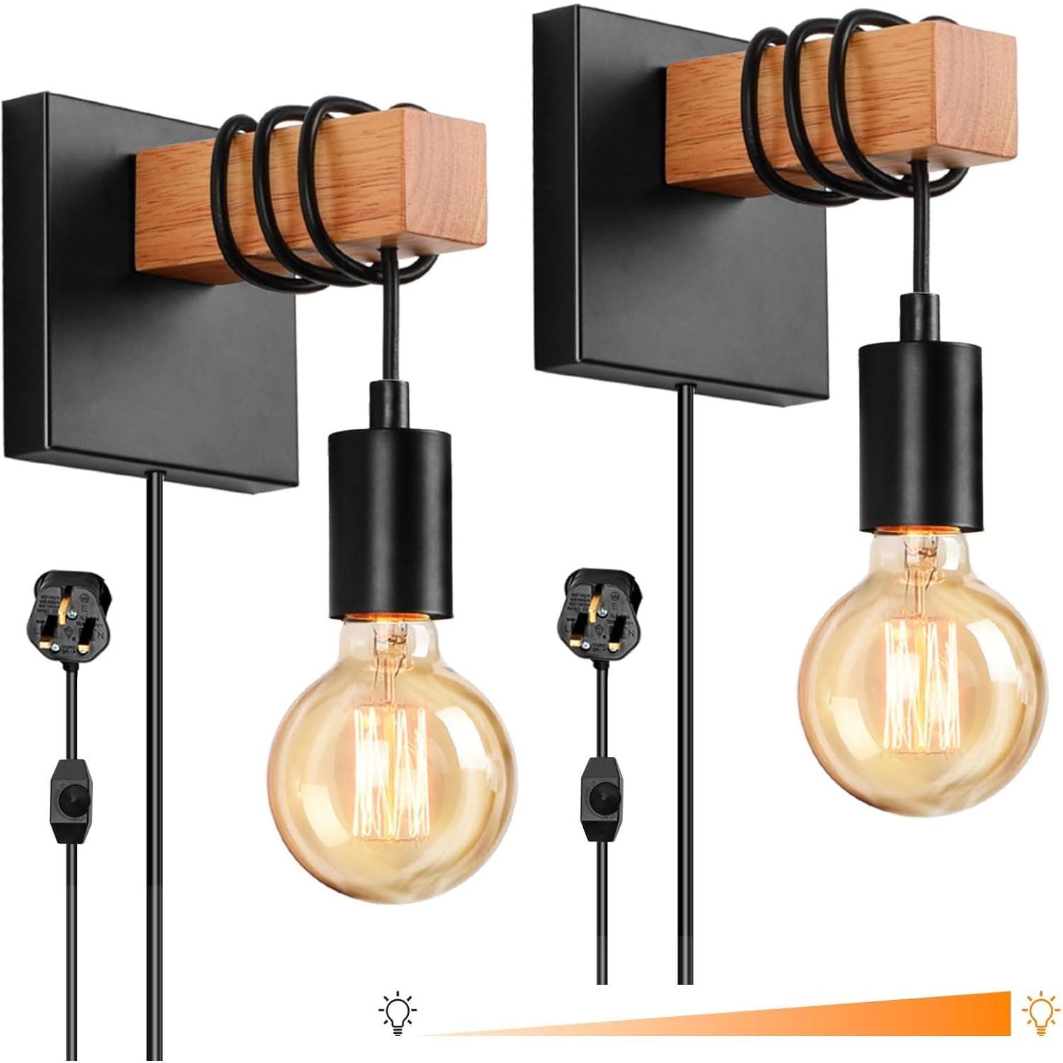 Two wall-mounted light fixtures with wooden accents and exposed bulbs on a white background.