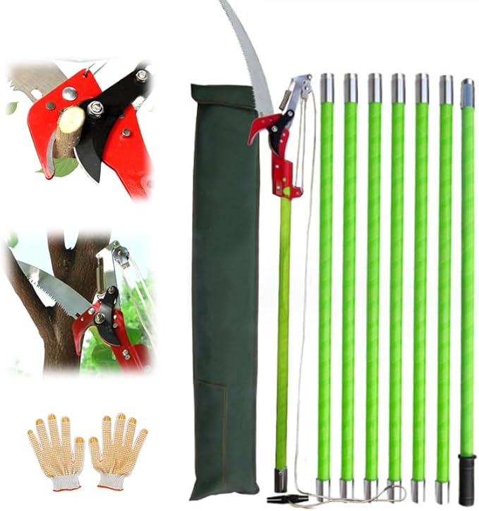 Gardening tool set with green poles, shears, and gloves on a white background