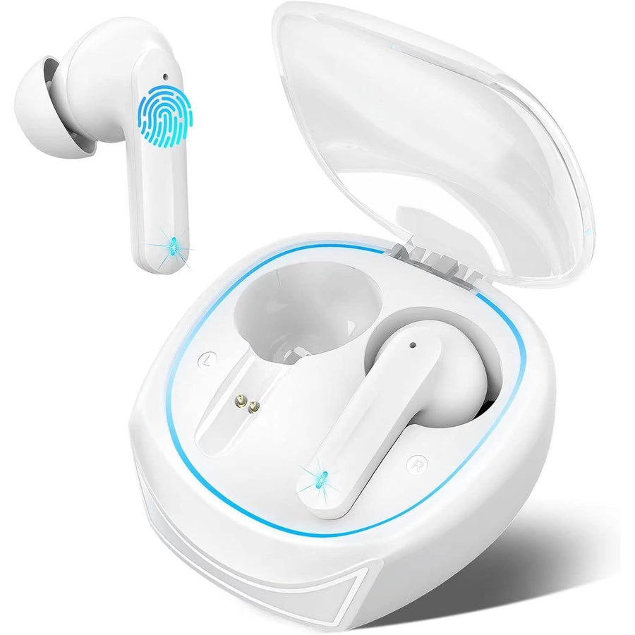 White wireless earbuds with charging case on a white background