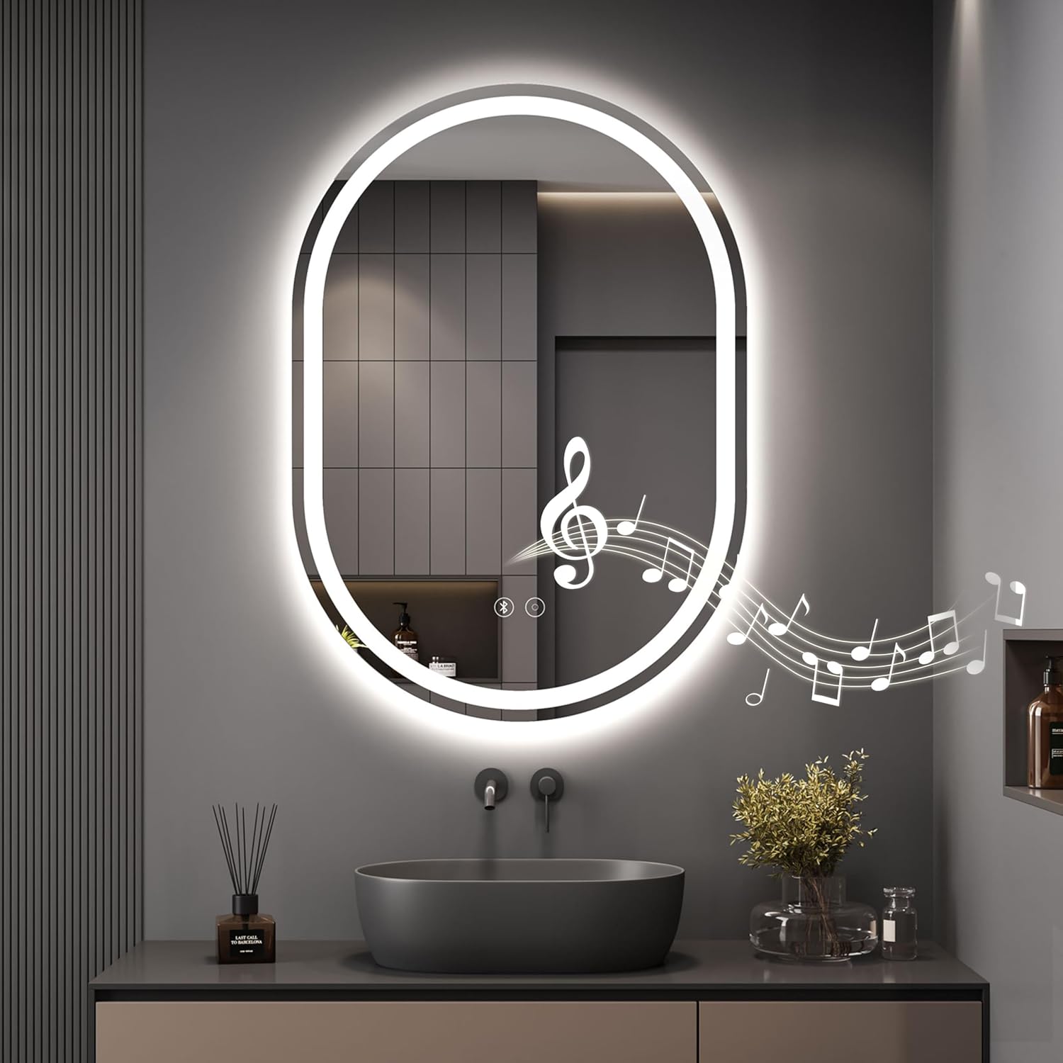 Bluetooth LED Bathroom Mirror Oval Backlit Dimmable Anti-fog 50 x 70 cm Dripex