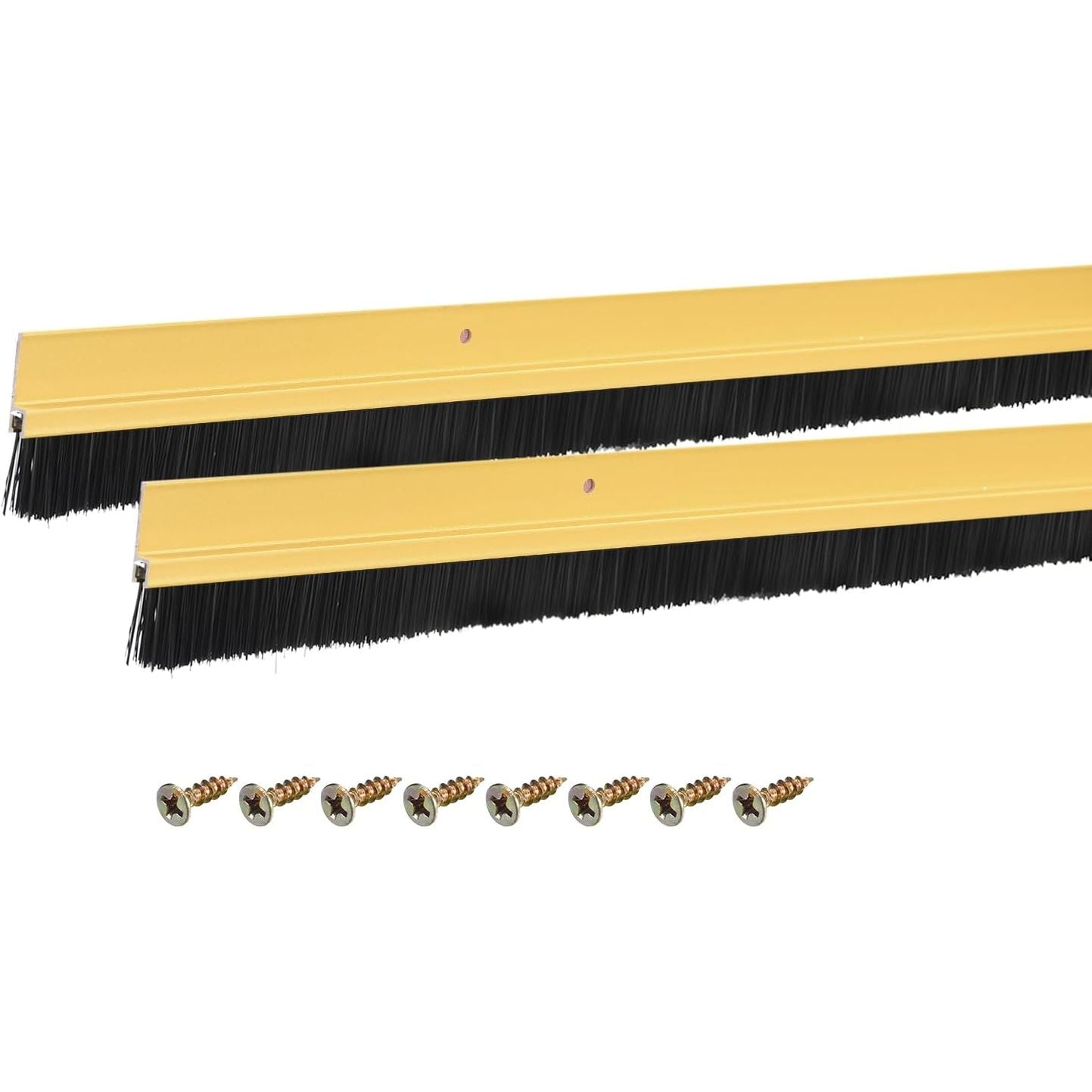 Two gold brooms with black bristles and screws on a white background