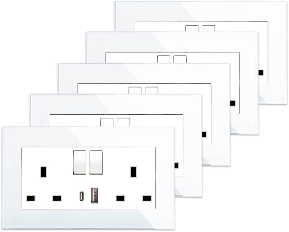 5-Pack Wall Socket 2-Gang with USB-A & Type-C Charging Crystal Glass - Massive Discounts