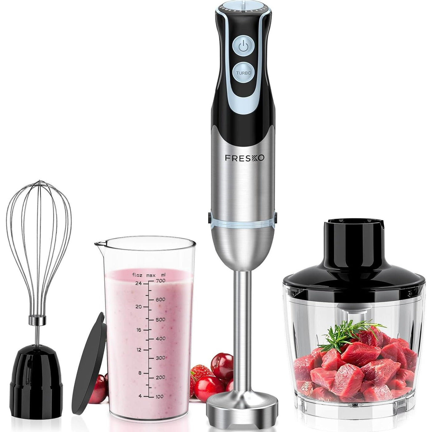 Fresko hand blender with attachments including a whisk, beaker, and food chopper on a white background.