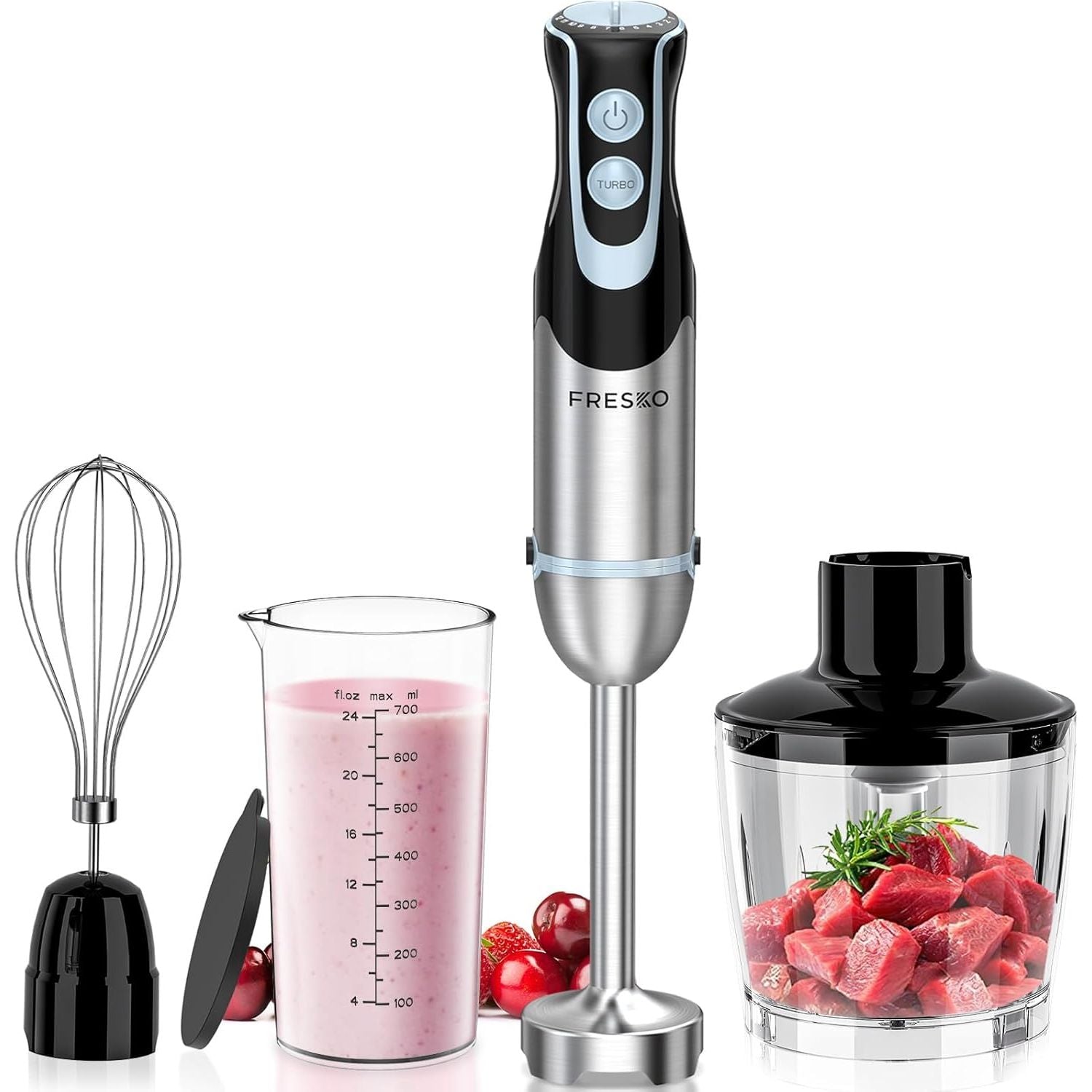Fresko hand blender with attachments including a whisk, beaker, and food chopper on a white background.