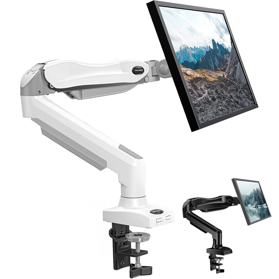 White adjustable monitor arm with two monitors on a white background