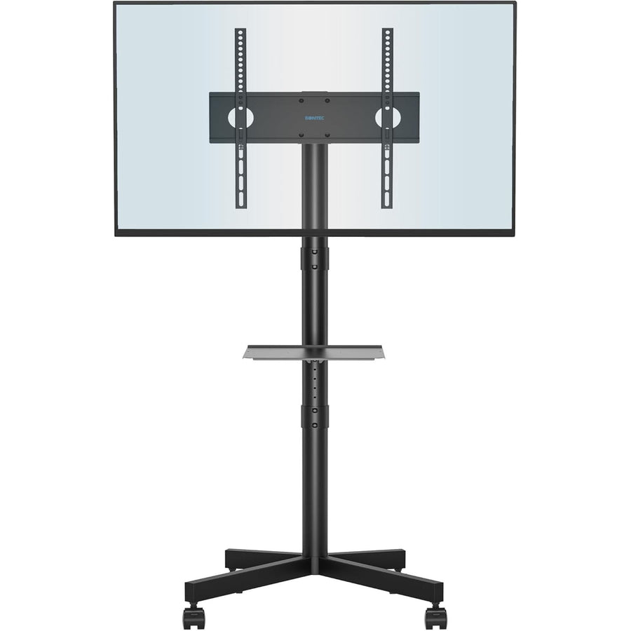 Black adjustable TV stand with a screen on a white background
