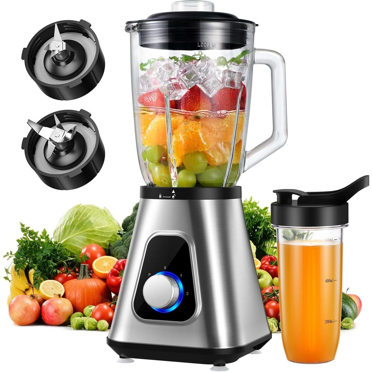 Blender with fruits and vegetables, additional blades, and a container of juice on a white background