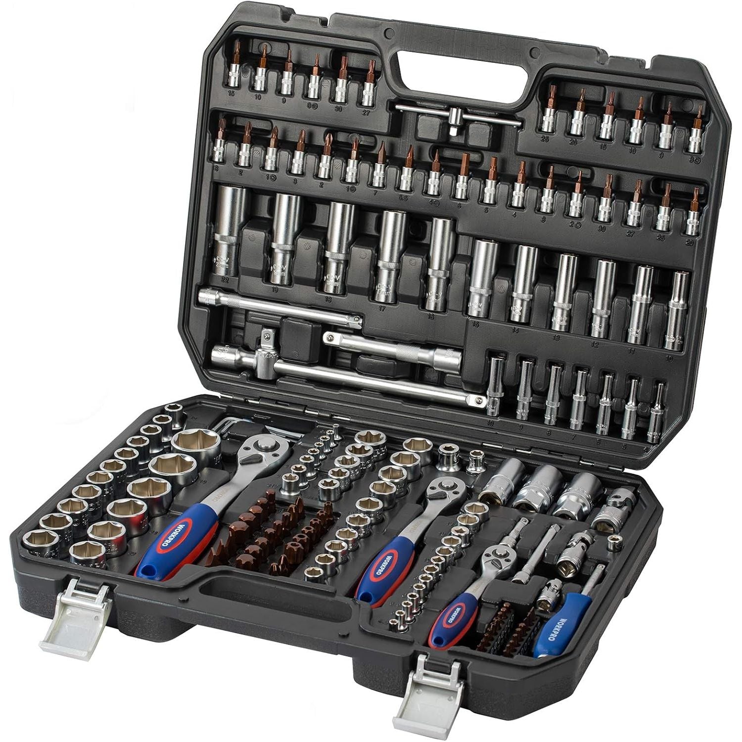 WORKPRO 172-Piece Cr-V Socket Set – 1/2", 3/8", 1/4" Drive, Ratchets & More