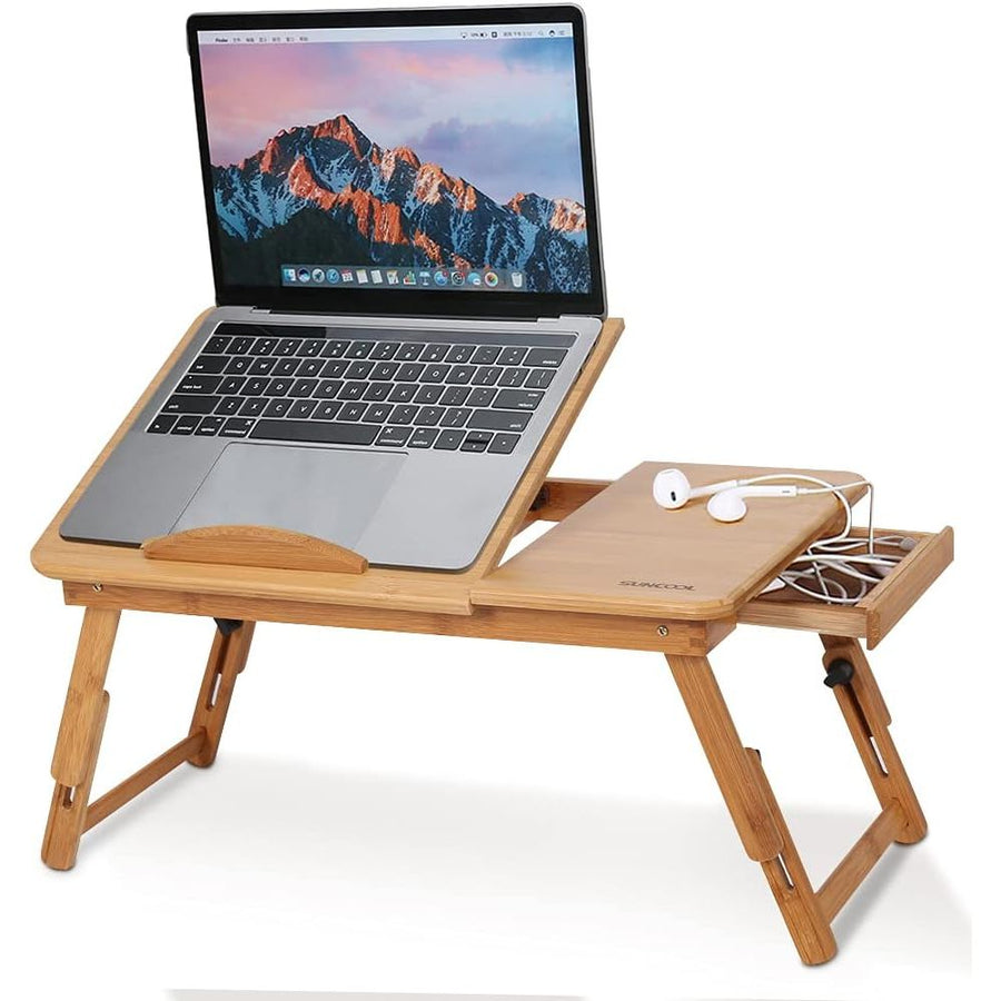 Bamboo Folding Laptop Desk – Adjustable Bed Tray with Drawer, Cup Slot & Vent