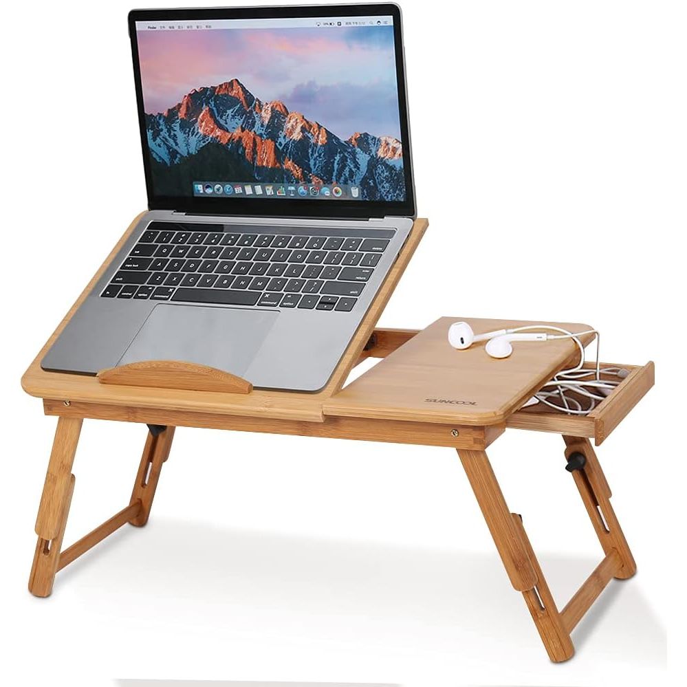 Bamboo Folding Laptop Desk – Adjustable Bed Tray with Drawer, Cup Slot & Vent