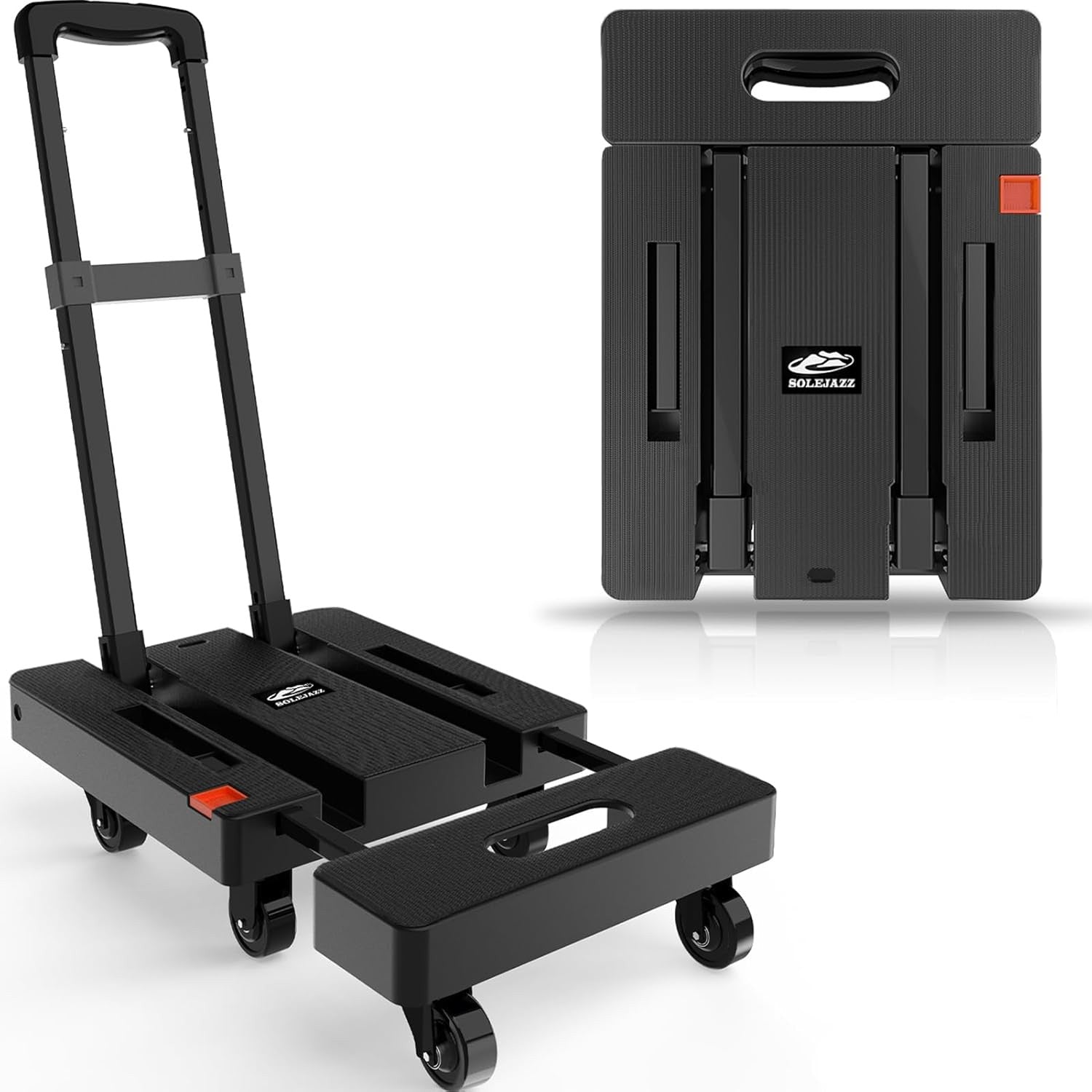 Black rolling dolly with handle on a white background