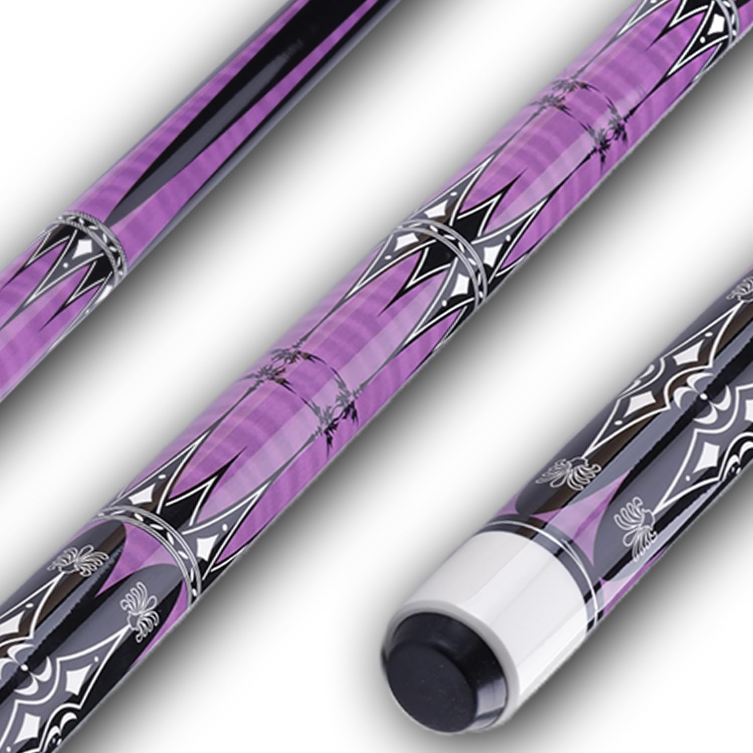 Purple and black patterned pool cue on a white background