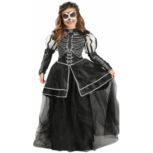 Person wearing a black skeleton costume with a white dress overlay on a white background