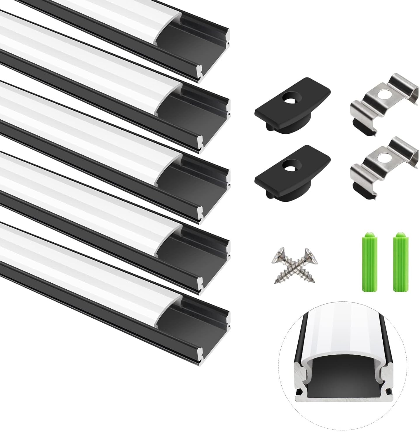 LightingWill 5-Pack LED Aluminum Channel, 3.3ft U-Shape, Black with Accessories