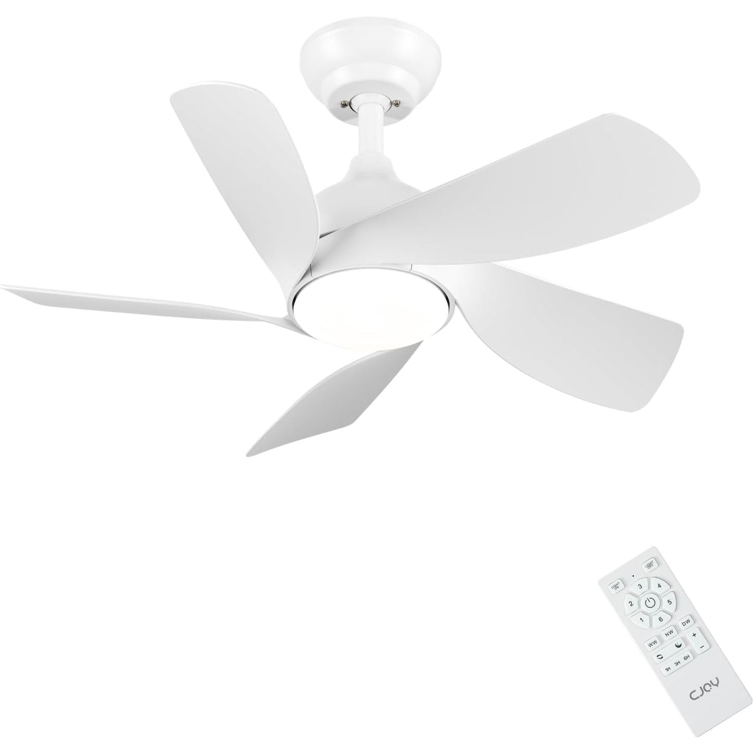 CJOY 30" White Ceiling Fan with Light, Quiet DC Motor, 5 Blades, 6 Speeds