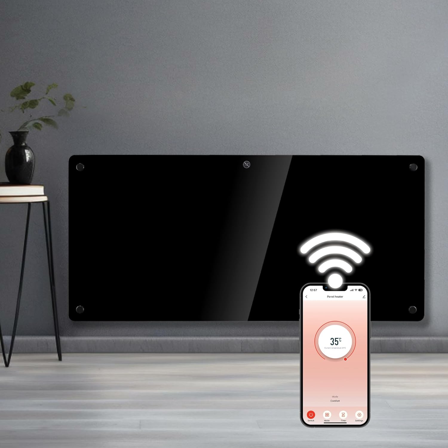 Smart home control panel with smartphone app on a gray wall background