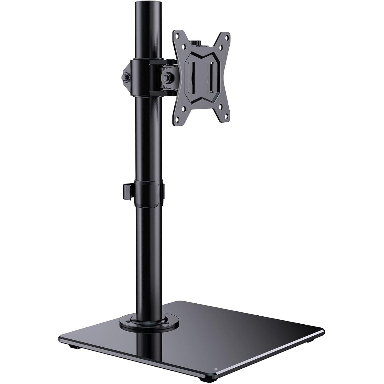 Black adjustable monitor stand on a white background