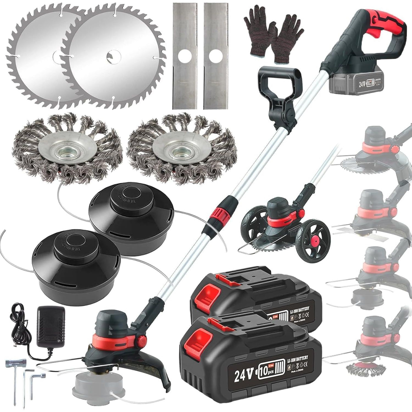 Gardening tool set with trimmer, batteries, and attachments on a white background