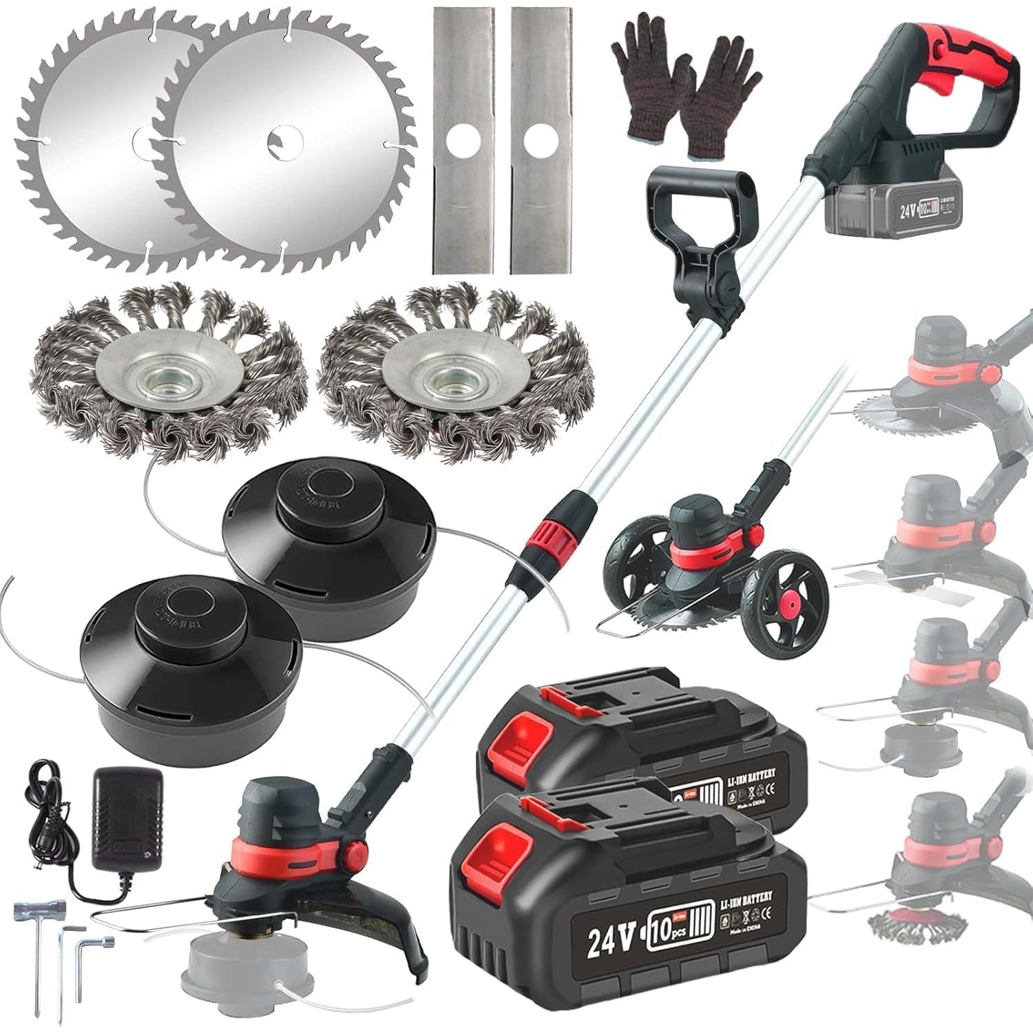 Gardening tool set with trimmer, batteries, and attachments on a white background