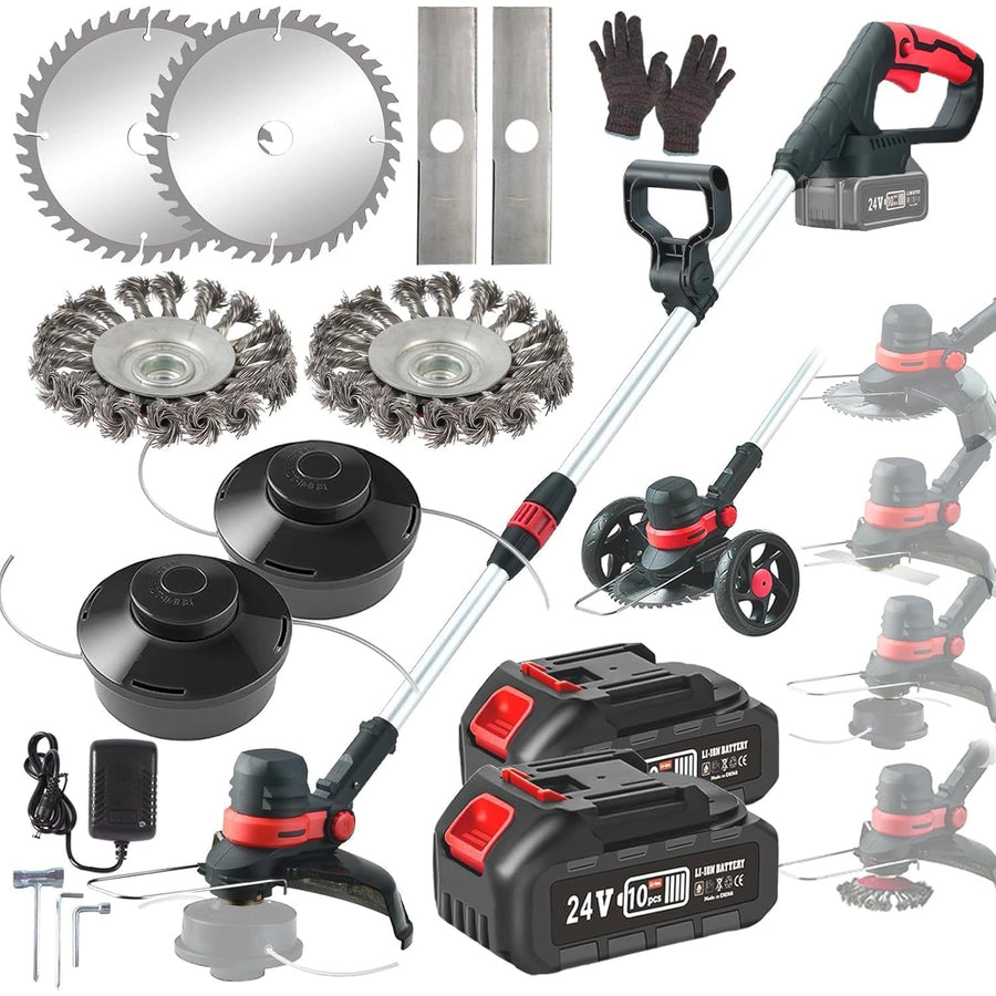 Gardening tool set with trimmer, batteries, and attachments on a white background