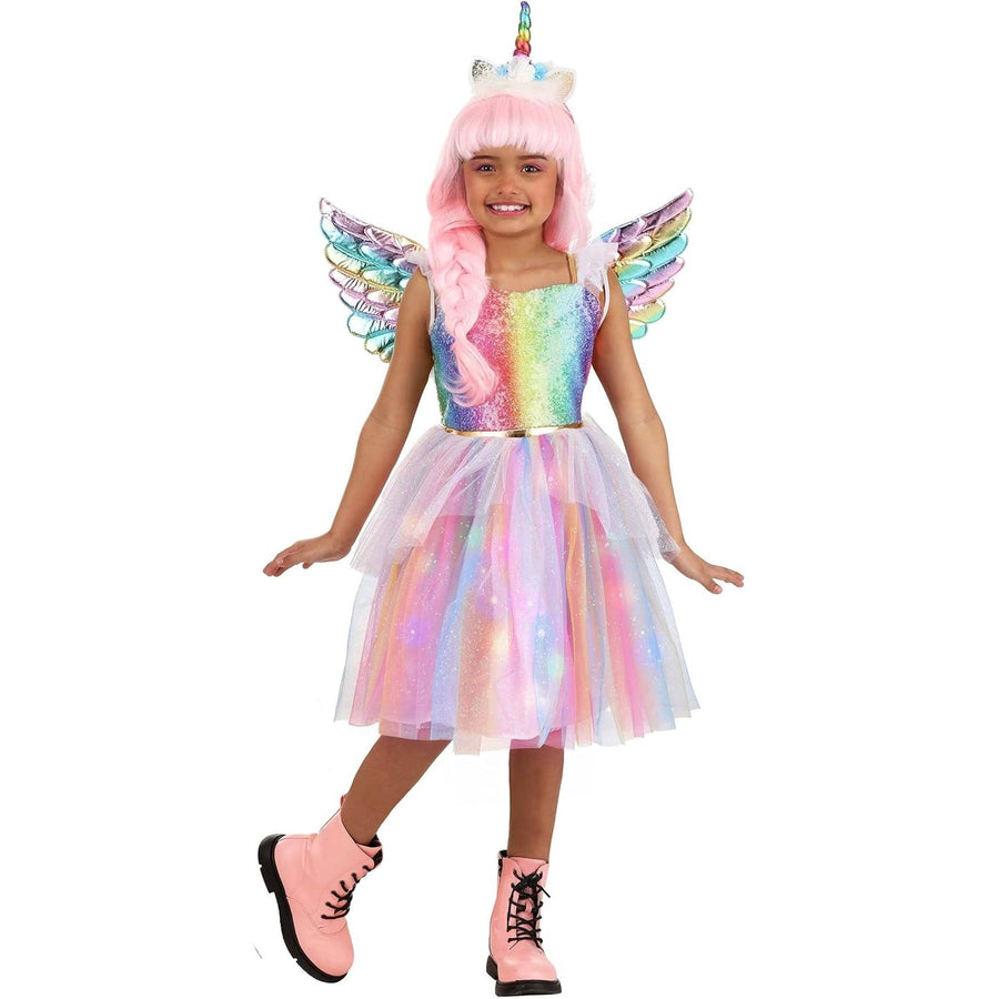 Child wearing a colorful unicorn costume with wings on a white background