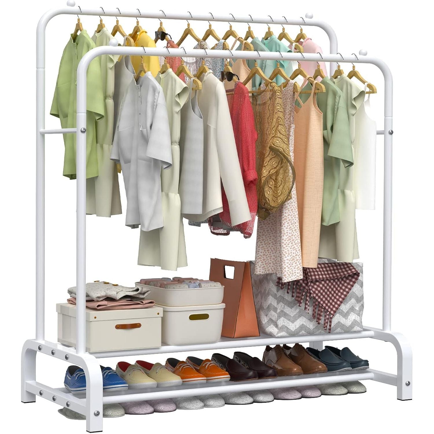 White clothing rack with clothes, shoes, and bags on a white background