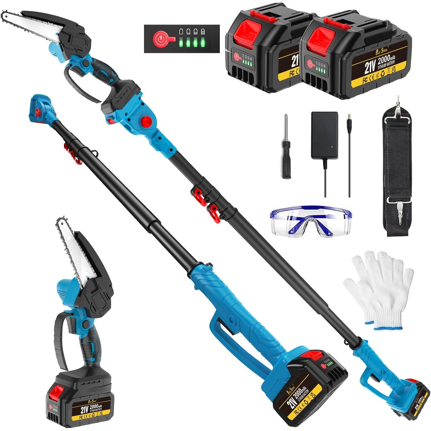 Gardening tool set with pole pruner, batteries, safety goggles, gloves, and charger on a white background.