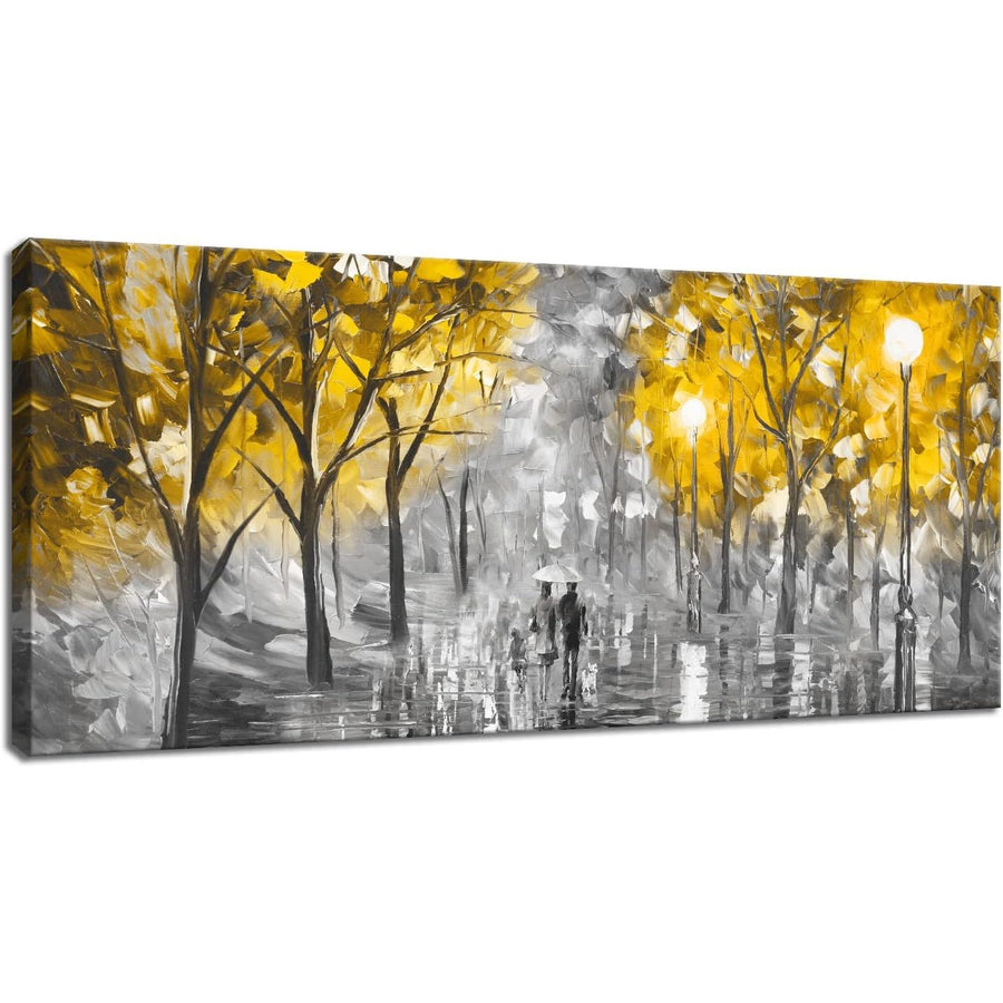 Painting of a couple walking under a yellow tree with a white background