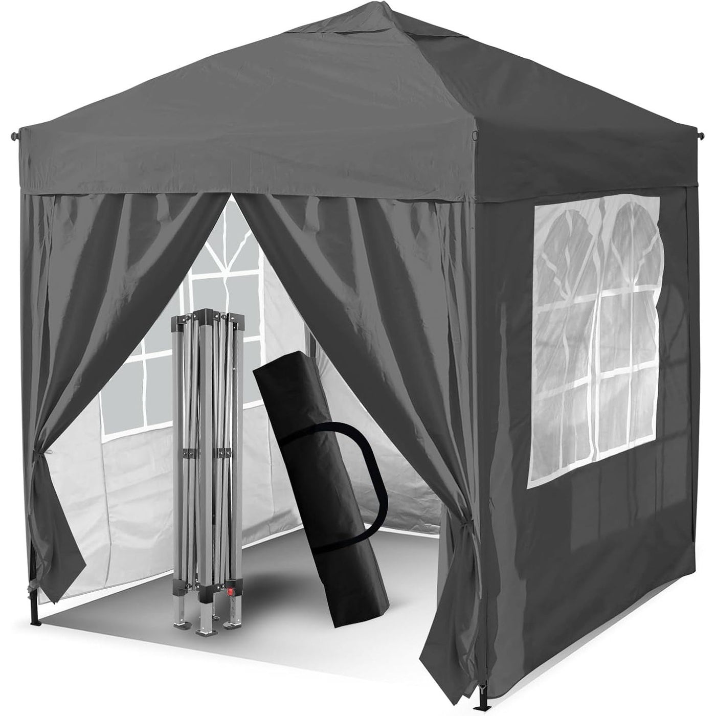 Black outdoor canopy tent with side panels and carrying bag on a white background