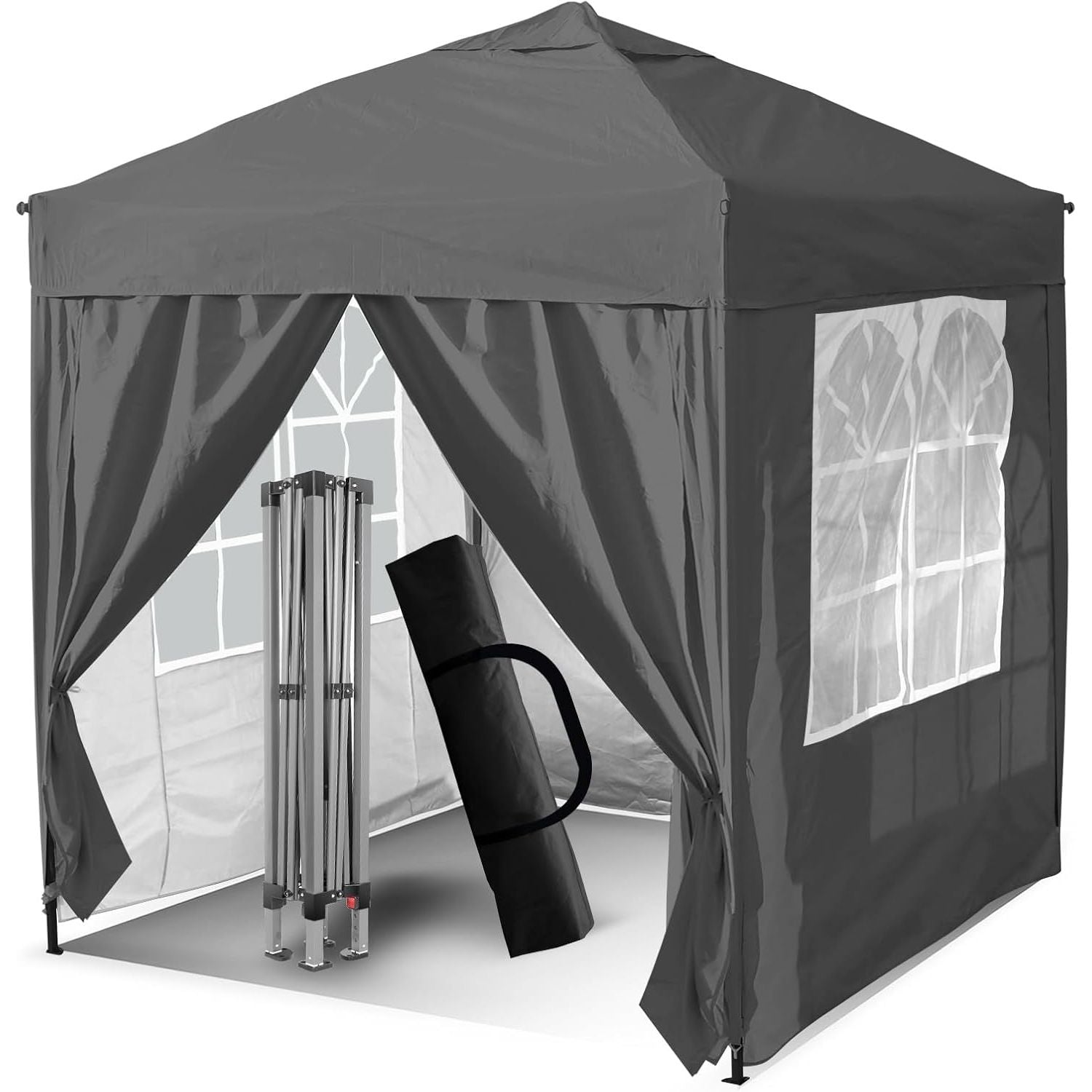 Black outdoor canopy tent with side panels and carrying bag on a white background
